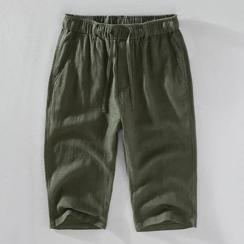 Pantalon court en lin ramie de couleur unie avec cordon de serrage et poches pour homme de Buddha Stones - Vert foncé - US/UK/AU42，EU52 (3XL)  - image 14