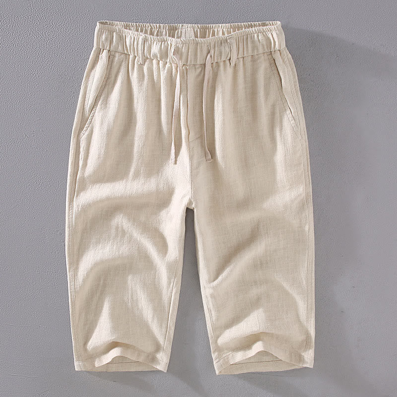 Pantalon court en lin ramie de couleur unie avec cordon de serrage et poches pour homme de Buddha Stones - Lin - US/UK/AU42，EU52 (3XL)  - image 0