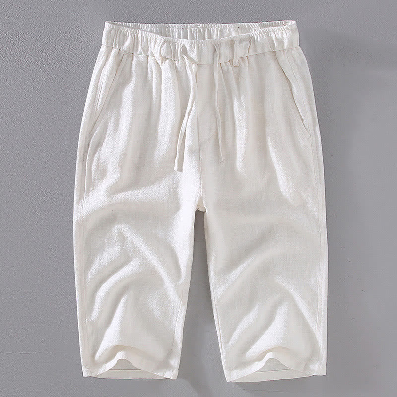 Pantalon court en lin ramie de couleur unie avec cordon de serrage et poches pour homme de Buddha Stones - Blanc - US/UK/AU42，EU52 (3XL)  - image 9