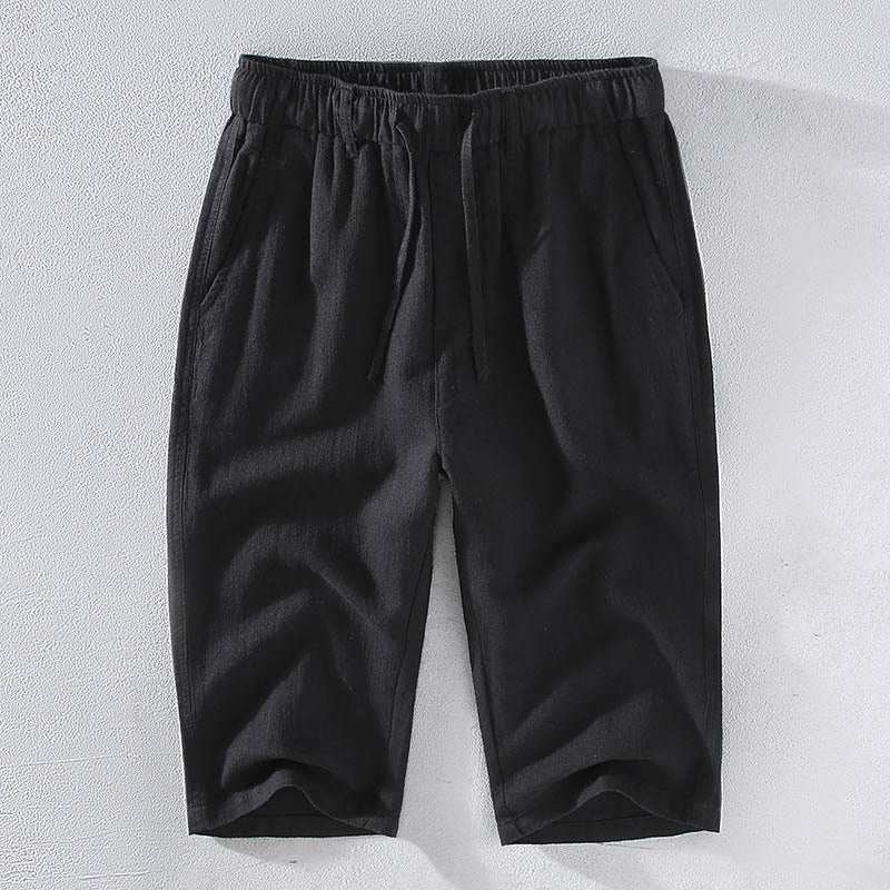 Pantalon court en lin ramie de couleur unie avec cordon de serrage et poches pour homme de Buddha Stones - Noir - US/UK/AU42，EU52 (3XL)  - image 11