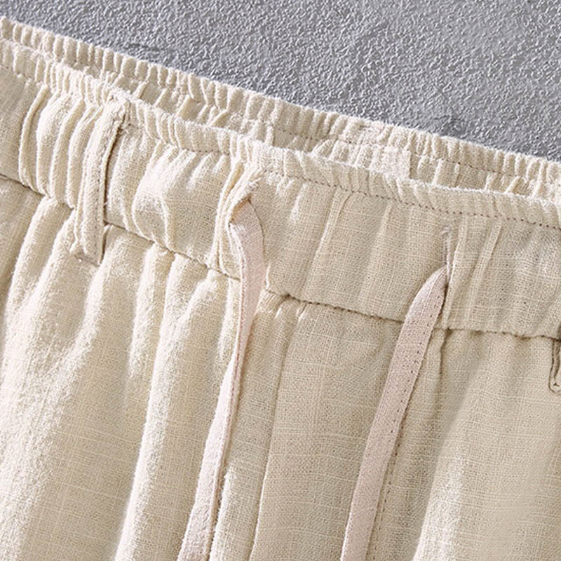 Pantalon court en lin ramie de couleur unie avec cordon de serrage et poches pour homme de Buddha Stones - image 3