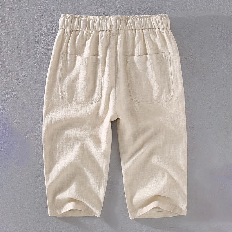 Pantalon court en lin ramie de couleur unie avec cordon de serrage et poches pour homme de Buddha Stones - image 1