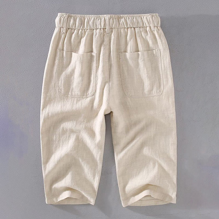 Pantalon court en lin ramie de couleur unie avec cordon de serrage et poches pour homme de Buddha Stones - image 1