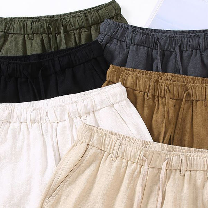 Pantalon court en lin ramie de couleur unie avec cordon de serrage et poches pour homme de Buddha Stones - image 15