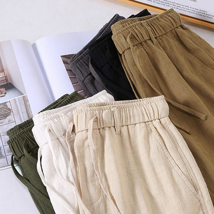 Pantalon court en lin ramie de couleur unie avec cordon de serrage et poches pour homme de Buddha Stones - image 15