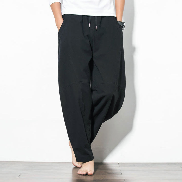Pantalon décontracté en coton de couleur unie avec cordon de serrage et poches pour hommes Buddha Stones - Noir - US/UK/AU50，EU60 (5XL) - image 10