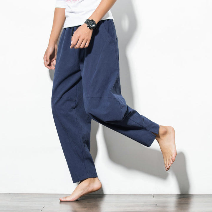 Pantalon décontracté en coton de couleur unie avec cordon de serrage et poches pour hommes Buddha Stones - image 13
