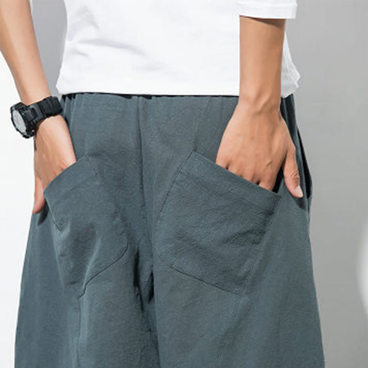 Pantalon décontracté en coton de couleur unie avec cordon de serrage et poches pour hommes Buddha Stones - image 7