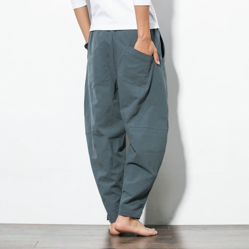 Pantalon décontracté en coton de couleur unie avec cordon de serrage et poches pour hommes Buddha Stones - image 2
