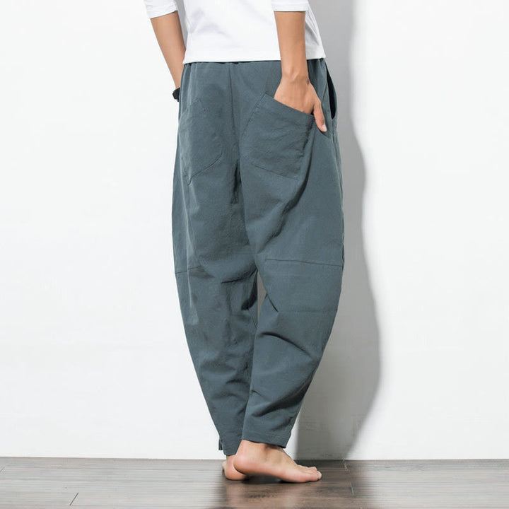 Pantalon décontracté en coton de couleur unie avec cordon de serrage et poches pour hommes Buddha Stones - image 2