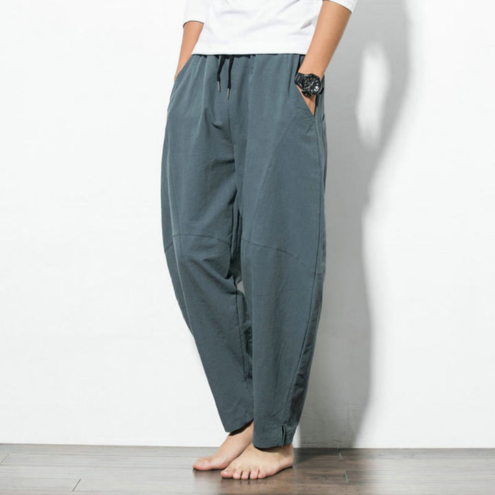 Pantalon décontracté en coton de couleur unie avec cordon de serrage et poches pour hommes Buddha Stones - image 1