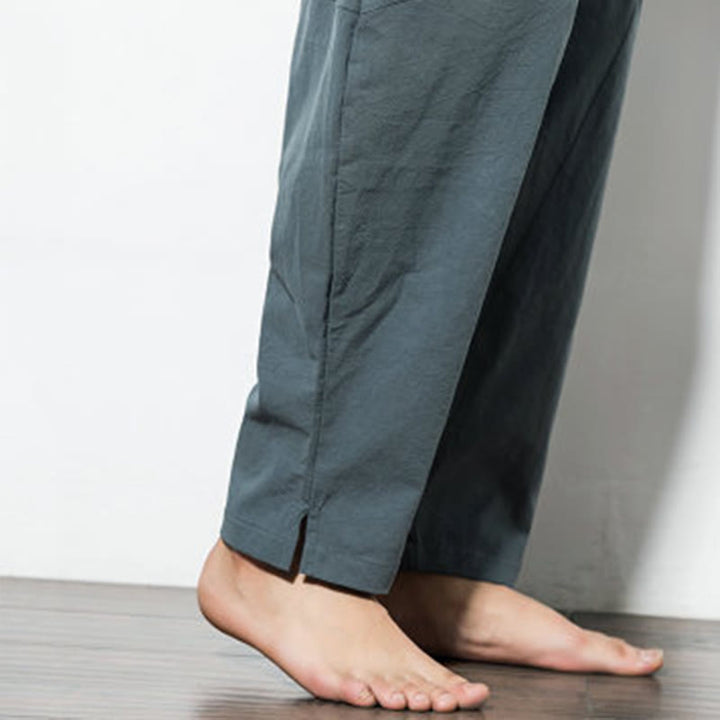 Pantalon décontracté en coton de couleur unie avec cordon de serrage et poches pour hommes Buddha Stones - image 9