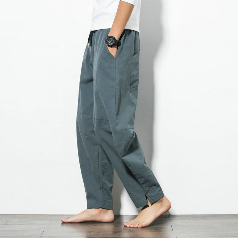 Pantalon décontracté en coton de couleur unie avec cordon de serrage et poches pour hommes Buddha Stones - image 4