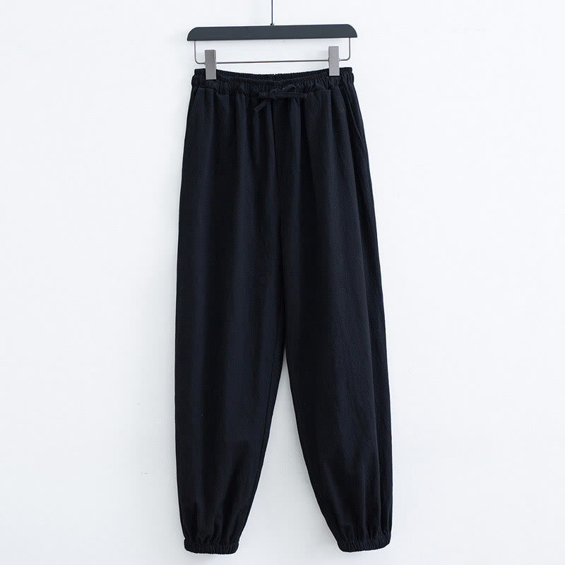 Pantalon Buddha Stones décontracté en coton et lin de couleur unie avec poches pour homme - image 1