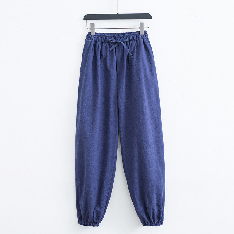 Pantalon Buddha Stones décontracté en coton et lin de couleur unie avec poches pour homme - Bleu acier - US/UK/AU44，EU54 (4XL) - image 9