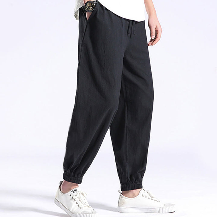 Pantalon Buddha Stones décontracté en coton et lin de couleur unie avec poches pour homme - Noir - US/UK/AU44，EU54 (4XL) - image 0