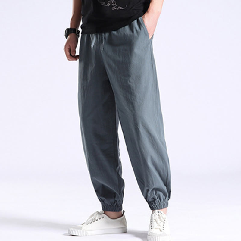 Pantalon Buddha Stones décontracté en coton et lin de couleur unie avec poches pour homme - image 13