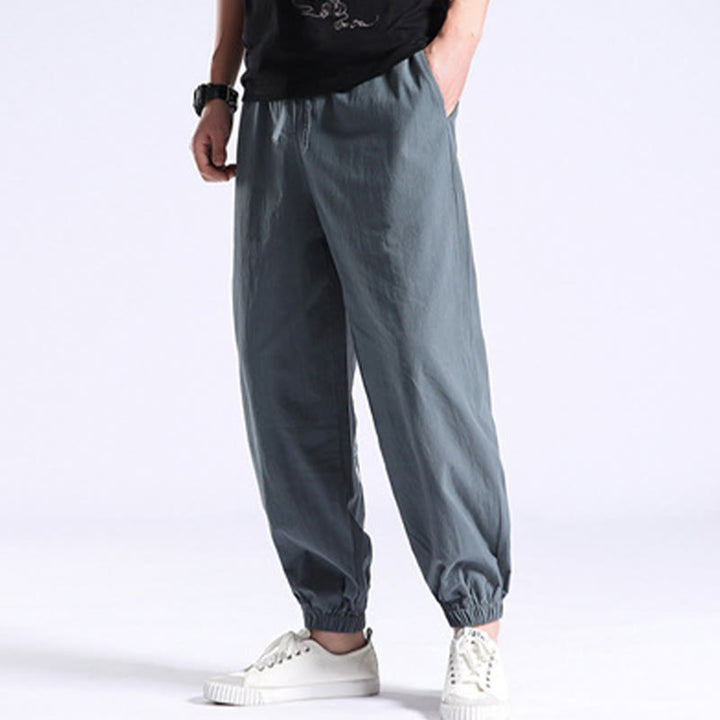 Pantalon Buddha Stones décontracté en coton et lin de couleur unie avec poches pour homme - image 13