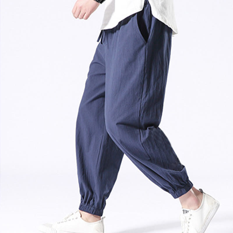 Pantalon Buddha Stones décontracté en coton et lin de couleur unie avec poches pour homme - image 10