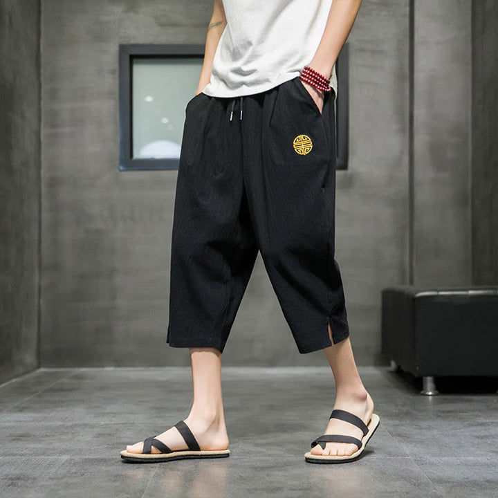 Pantalon court d'été en lin avec cordon de serrage et poches pour homme Buddha Stones - Noir - US/UK/AU44，EU54 (5XL) - image 9