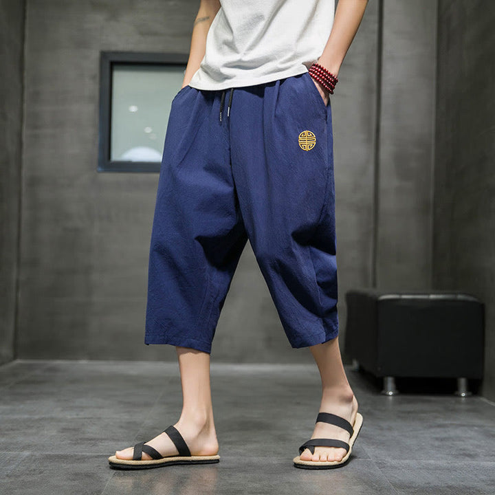 Pantalon court d'été en lin avec cordon de serrage et poches pour homme Buddha Stones - SteelBlue - US/UK/AU44，EU54 (5XL) - image 0