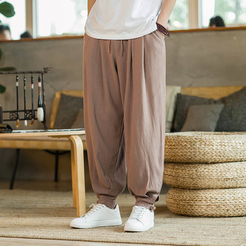Pantalon fuselé en coton et lin uni d'été Buddha Stones pour homme avec poches - SandyBrown - US/UK/AU48，EU58(5XL)  - image 10
