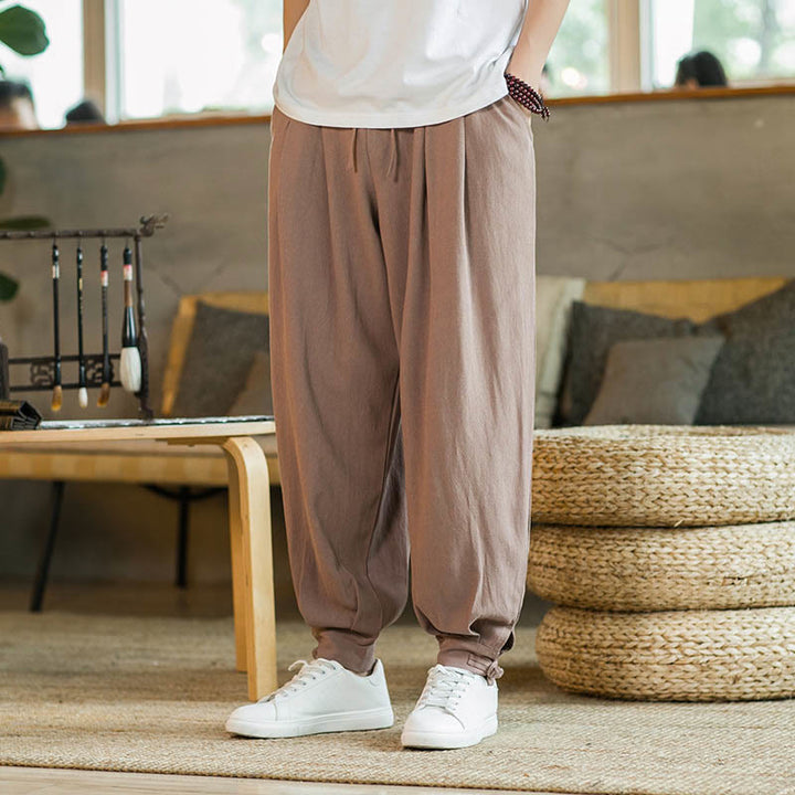 Pantalon fuselé en coton et lin uni d'été Buddha Stones pour homme avec poches - SandyBrown - US/UK/AU48，EU58(5XL)  - image 10