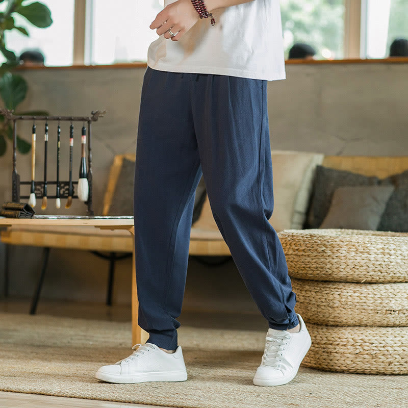 Pantalon fuselé en coton et lin uni d'été Buddha Stones pour homme avec poches - Bleu acier - US/UK/AU48，EU58(5XL)  - image 28