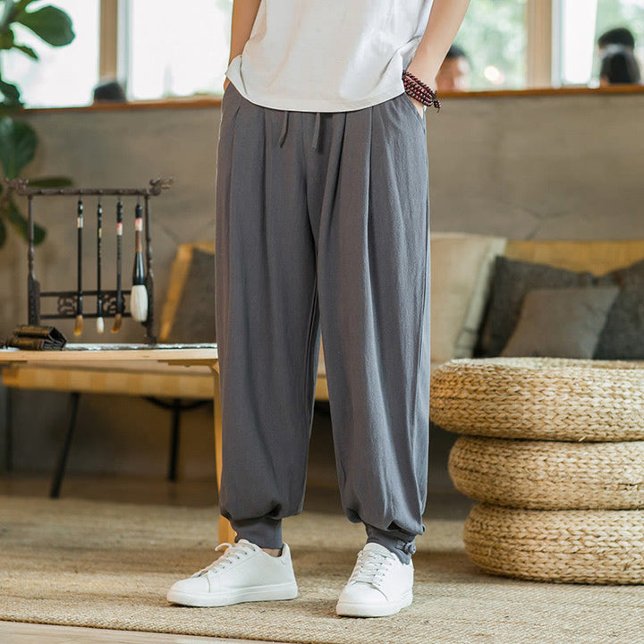 Pantalon fuselé en coton et lin uni d'été Buddha Stones pour homme avec poches - Gris foncé - US/UK/AU48，EU58(5XL)  - image 0