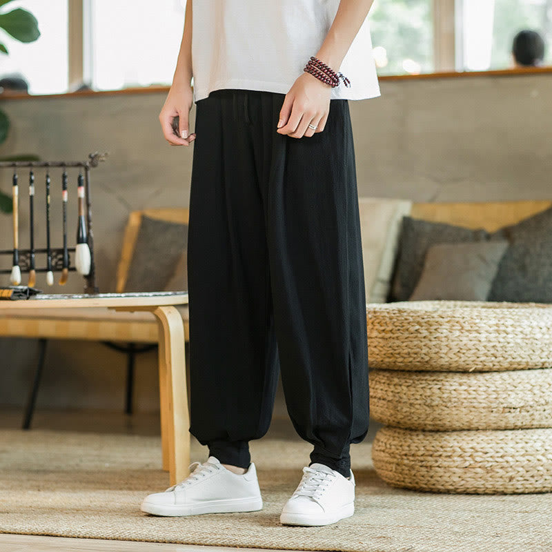 Pantalon fuselé en coton et lin uni d'été Buddha Stones pour homme avec poches - Noir - US/UK/AU48，EU58(5XL)  - image 18