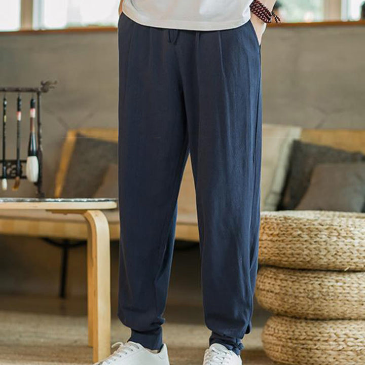 Pantalon fuselé en coton et lin uni d'été Buddha Stones pour homme avec poches - image 33