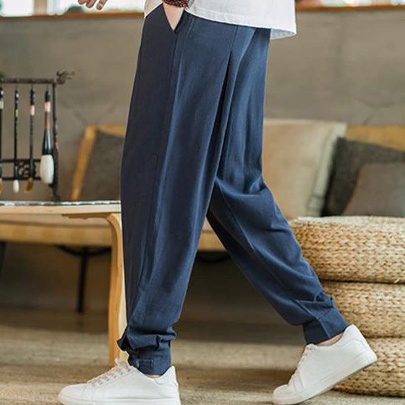 Pantalon fuselé en coton et lin uni d'été Buddha Stones pour homme avec poches - image 31