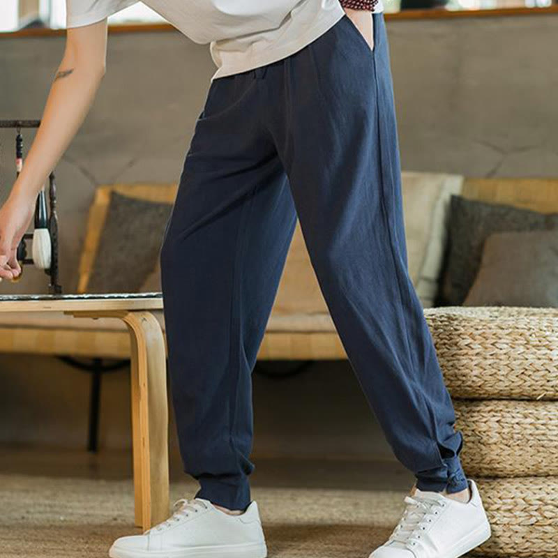 Pantalon fuselé en coton et lin uni d'été Buddha Stones pour homme avec poches - image 32