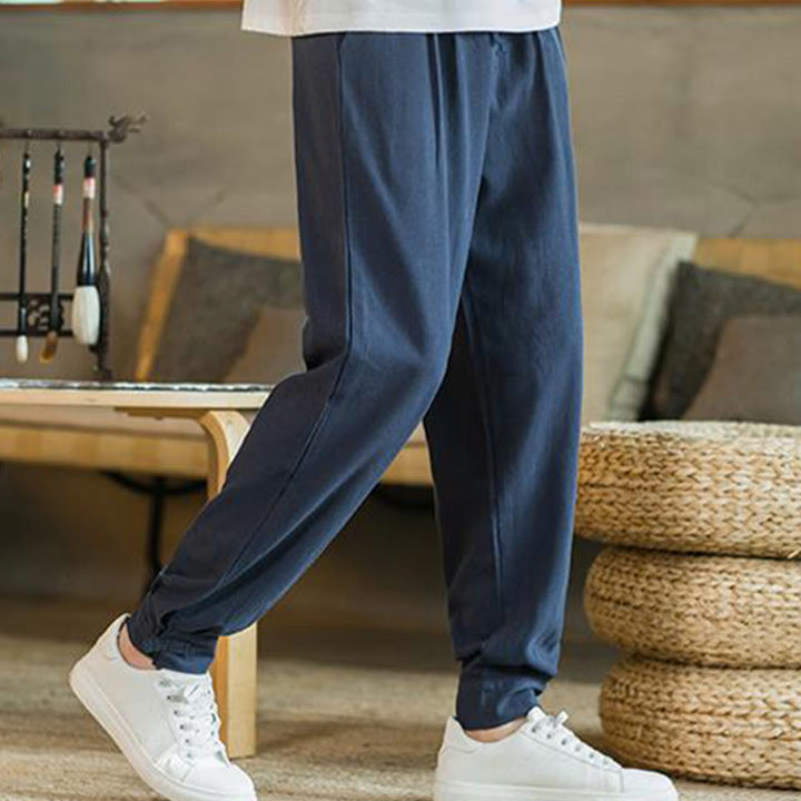Pantalon fuselé en coton et lin uni d'été Buddha Stones pour homme avec poches - image 29