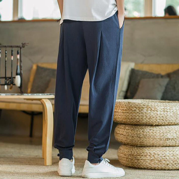 Pantalon fuselé en coton et lin uni d'été Buddha Stones pour homme avec poches - image 30