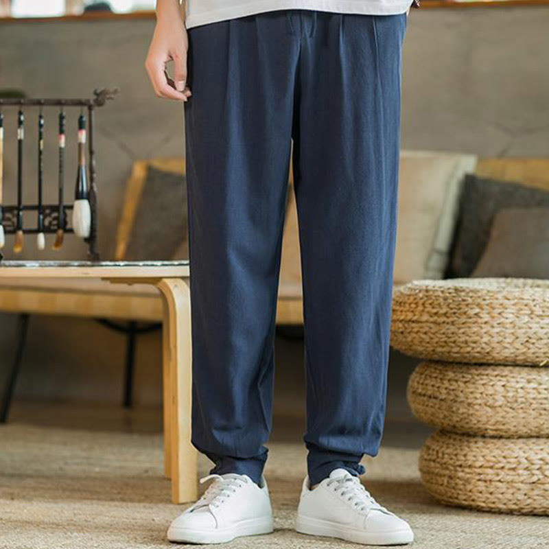 Pantalon fuselé en coton et lin uni d'été Buddha Stones pour homme avec poches - image 35