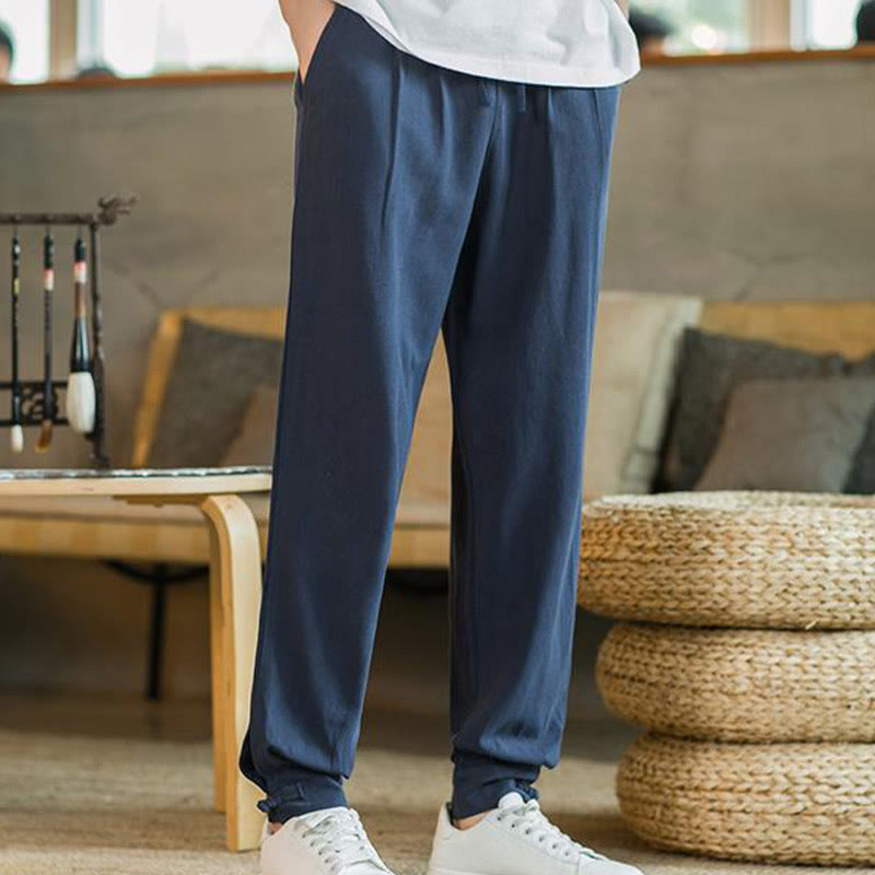 Pantalon fuselé en coton et lin uni d'été Buddha Stones pour homme avec poches - image 36