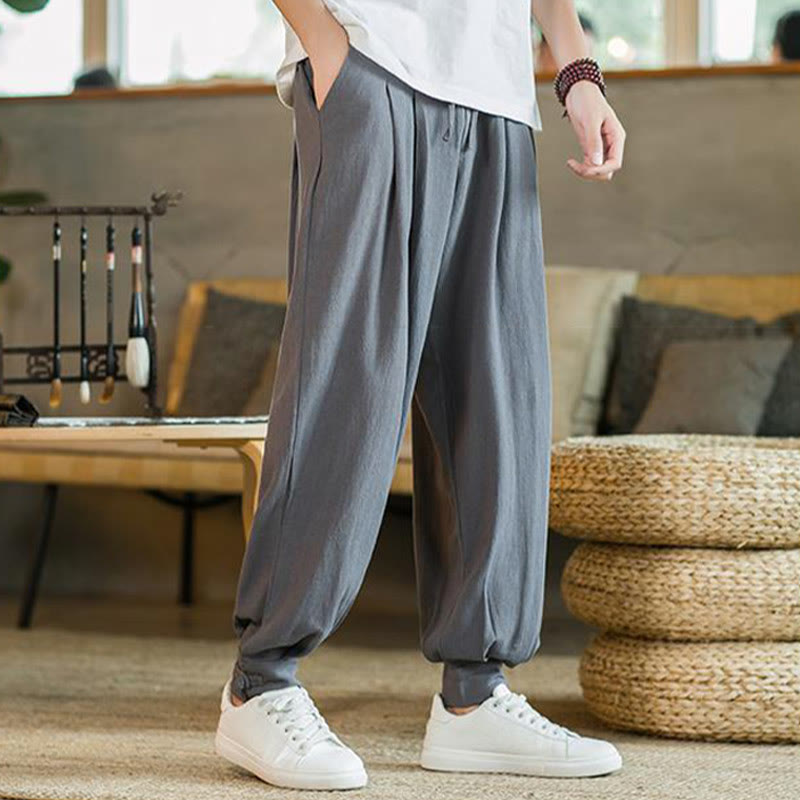 Pantalon fuselé en coton et lin uni d'été Buddha Stones pour homme avec poches - image 1