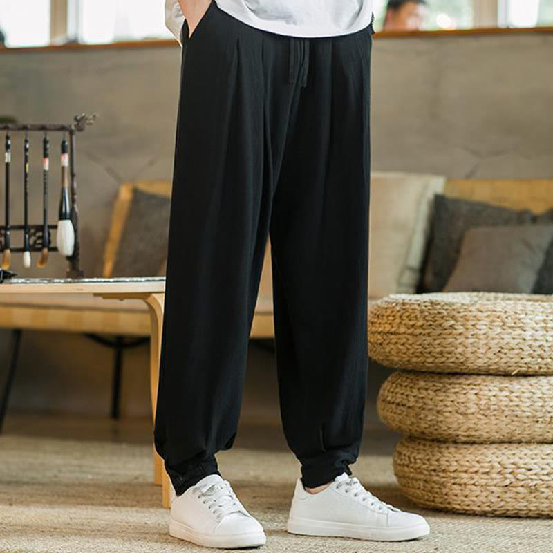 Pantalon fuselé en coton et lin uni d'été Buddha Stones pour homme avec poches - image 24