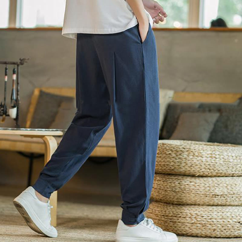 Pantalon fuselé en coton et lin uni d'été Buddha Stones pour homme avec poches - image 34