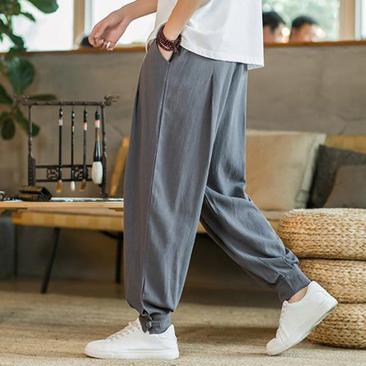 Pantalon fuselé en coton et lin uni d'été Buddha Stones pour homme avec poches - image 3
