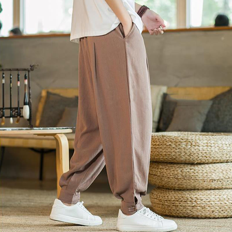 Pantalon fuselé en coton et lin uni d'été Buddha Stones pour homme avec poches - image 13