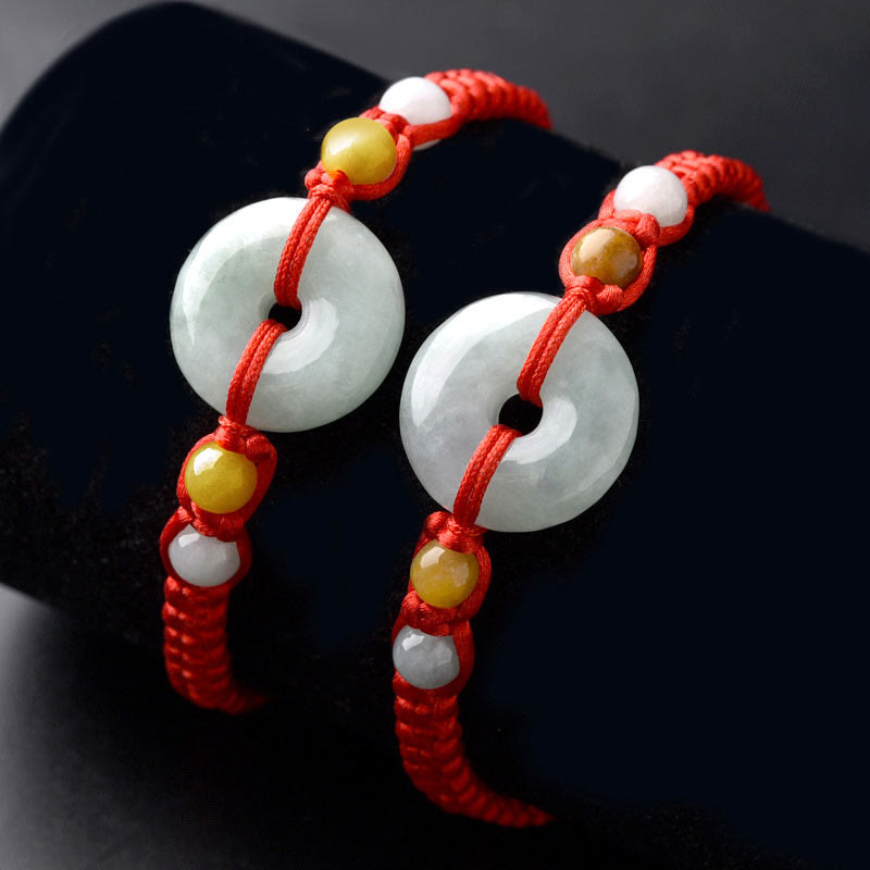 Bracelet en fil rouge avec boucle de paix en jade et Buddha Stones