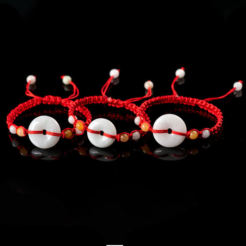 Bracelet en fil rouge avec boucle de paix en jade et Buddha Stones
