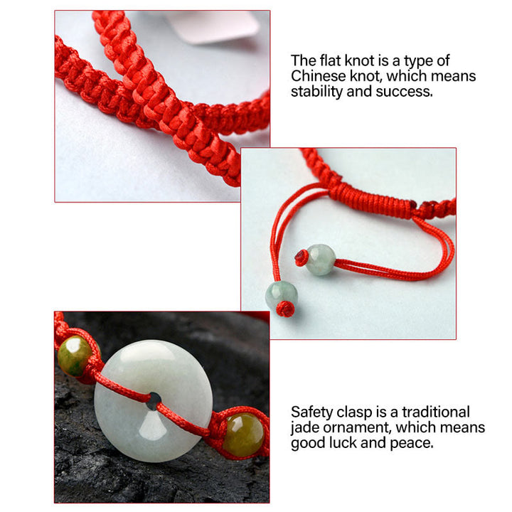 Bracelet en fil rouge avec boucle de paix en jade et Buddha Stones