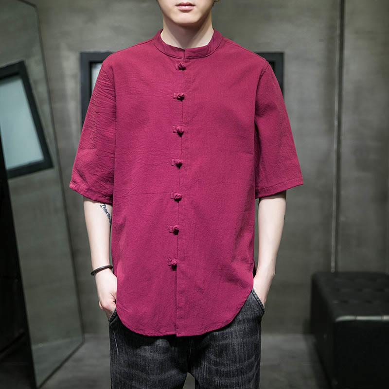 Chemise en coton à manches courtes pour homme de couleur unie Buddha Stones - Rouge violet moyen - US/UK/AU46，EU56 (5XL)  - image 10