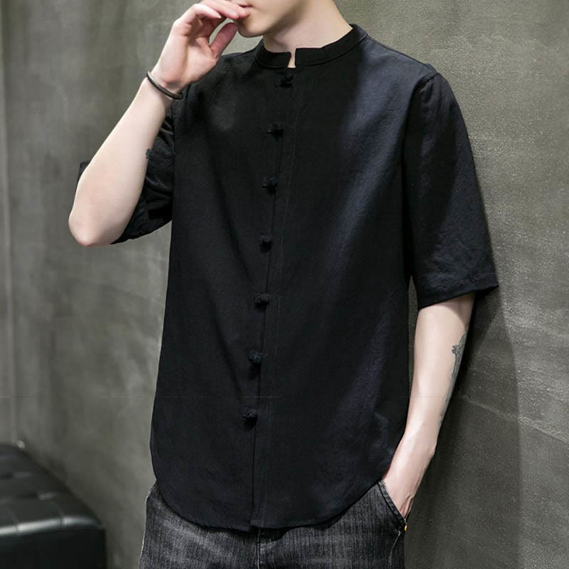Chemise en coton à manches courtes pour homme de couleur unie Buddha Stones - image 22