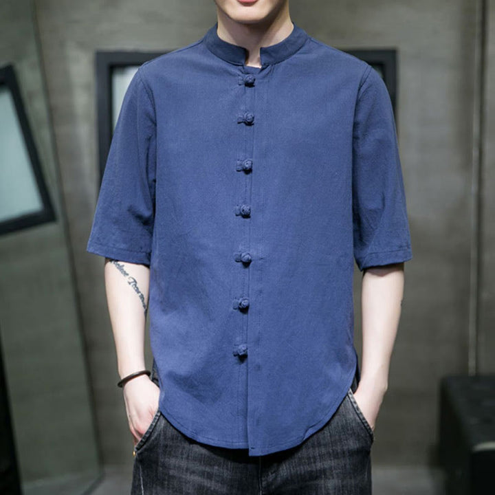 Chemise en coton à manches courtes pour homme de couleur unie Buddha Stones - Bleu acier - US/UK/AU46，EU56 (5XL)  - image 23