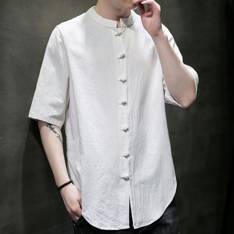 Chemise en coton à manches courtes pour homme de couleur unie Buddha Stones - image 3