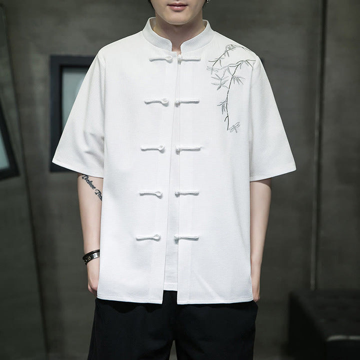 Chemise à manches courtes pour homme avec broderie de libellule et de feuille à boutons de grenouille Buddha Stones